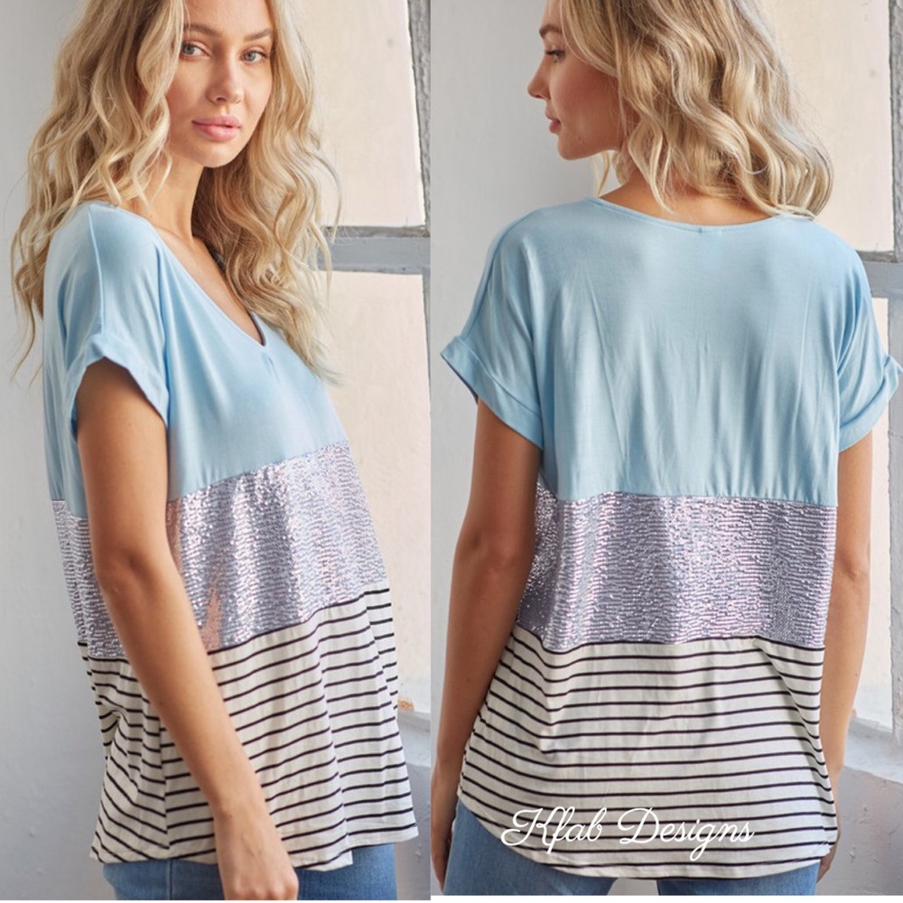 💙LAST 2! Sequins/Stripe V Neck Color Block Top! - Picture 3 of 6